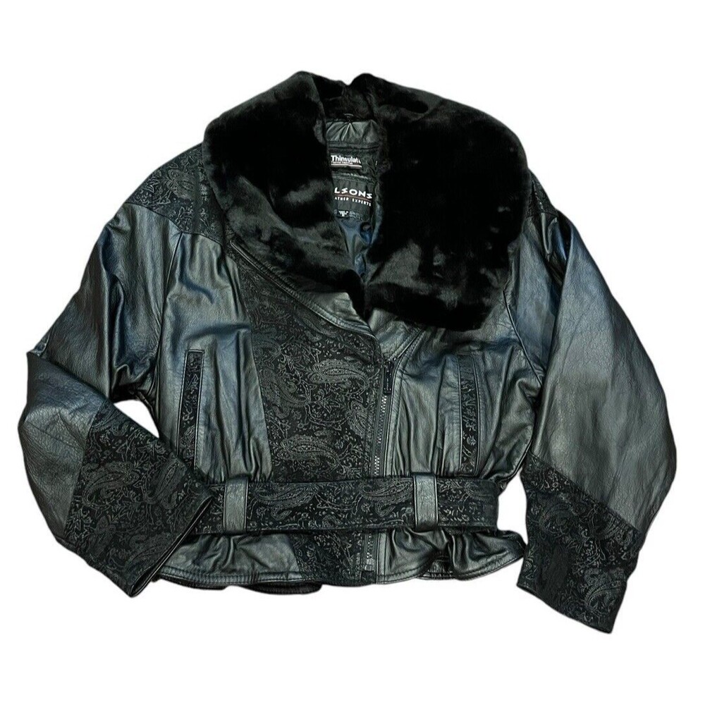 Vintage Wilsons Leather Jacket Black Floral Paisley Tie Waist cropped size small